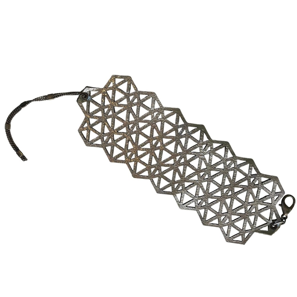 Leather Cuff Laser Cut Metallic Silver Geometric Wide Cuff‎ Bracelet Adjustable